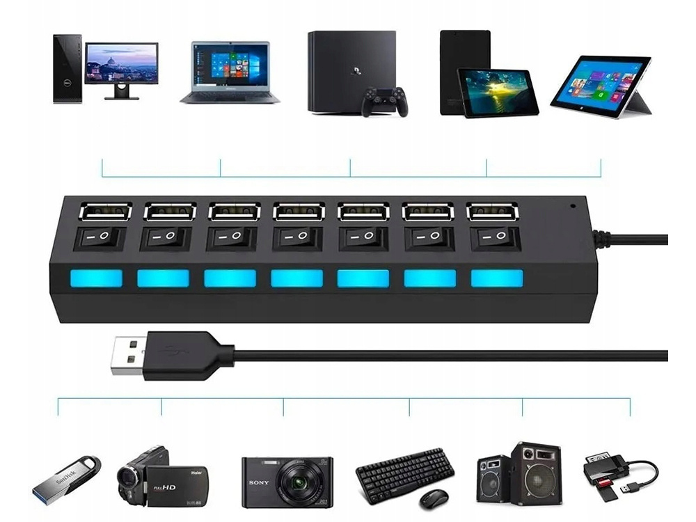 USB-хаб на 7 портов USB 2.0 с выключателями, черный (0)