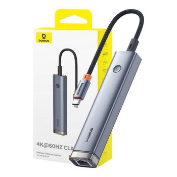 Хаб 5 в 1 Baseus UltraJoy 5-Port (3xUSB3.0+RJ45+PD) серый