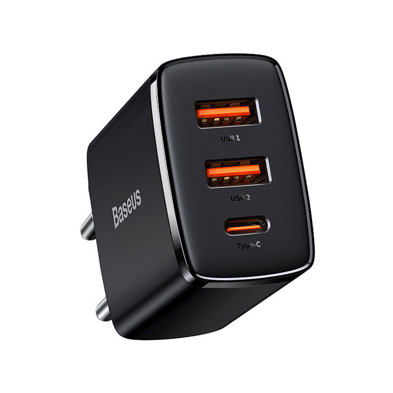 Baseus Compact 2xUSB + Type C Portable Wall Charger Adapter 30W, Black | Адаптер Зарядное... (3)