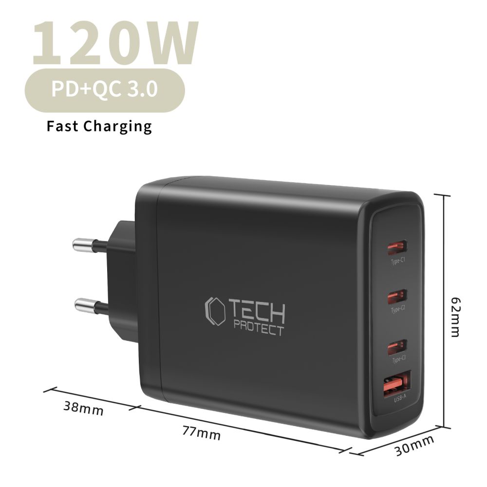 Сетевое зарядное устройство Tech-Protect NC120W-GAN 4-портовое 120Вт – черное (3)