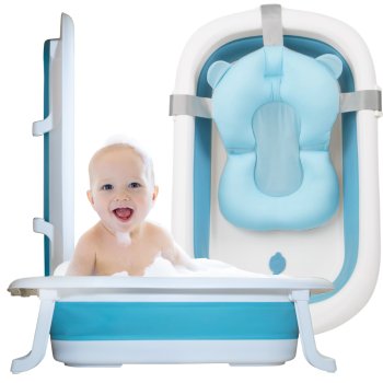 Детская складная ванночка с подушкой Nicekids, Голубой/Белый | Folding Baby Bathtub
