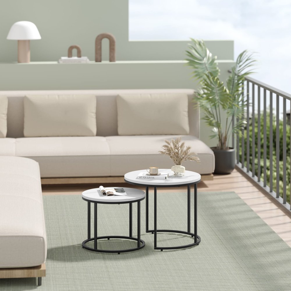 Круглый журнальный столик набор 2 шт. под мрамор, черный (1)