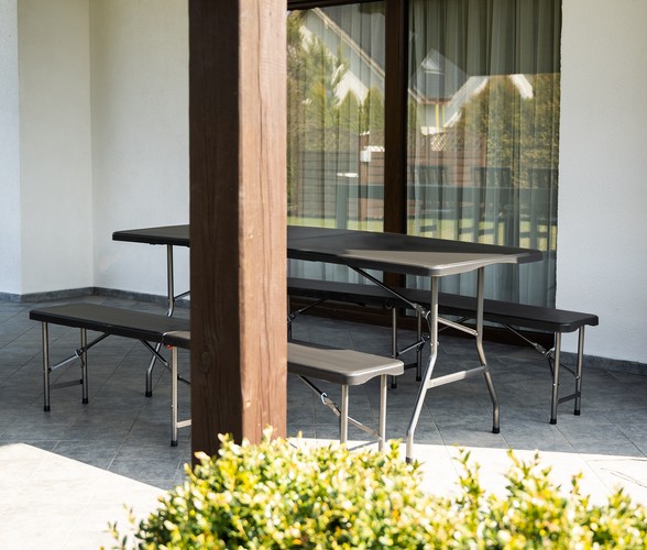 Saliekams Dārza Piknika Galds + 2 Soliņi, 180x74x74 cm, Balts | Folding Picnic Table (1)