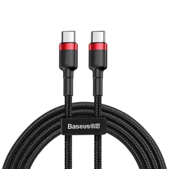 Baseus Cafule Cable USB Type C to USB Type C (PD-2.0 QC-3.0) 60W 2m, Black / Red | Lādētājvads Datu Pārraides Kabelis