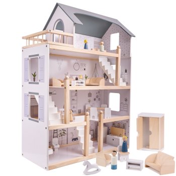 Bērnu spēļu koka leļļu māja ar mēbelēm konstruktors, 80cm | Wooden Play Dollhouse with Furniture