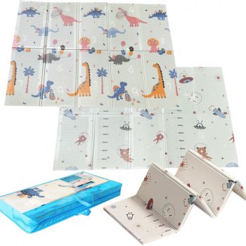 Divpusējs spēļu putu paklājs bērniem, saliekams bērnu istabas grīdas paklājiņš NICEKIDS, 200x150cm, Dinozauri/Kosmoss | Double-sided XPE Foam Play Mat for Kids