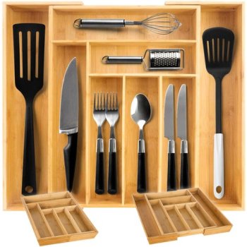Ruhhy Koka galda piederumu atvilktnes organizators ar 6-8 nodalījumiem | Wooden Cutlery Storage Tray for Drawers
