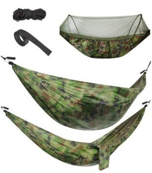 Tūristu Kempinga Dārza Šūpuļtīkls ar Moskītu Tīklu — 260x140 сm, Kamuflāža | Garden Travel Tourist Camping Hammock with Mosquito Net