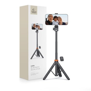 Tech-Protect L03S Bluetooth pašfoto kāts ar tālvadības pulti, trijkāji līdz 148 cm un 180° galvu – melns