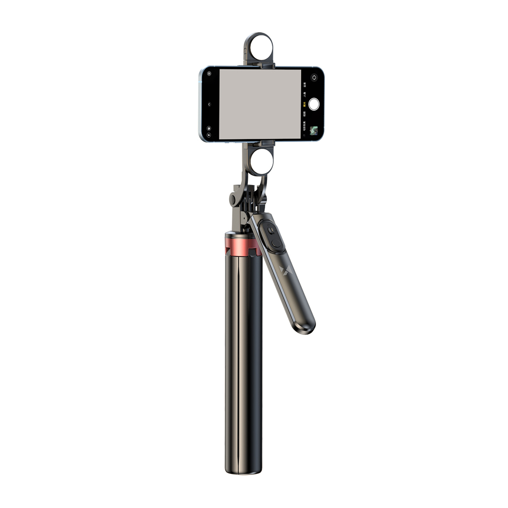Selfiju statīvs WH181D-Y1S 1,75 m alumīnija teleskopisks tripods ar dubulto lampu un tālruņa turētāju – melns (3)