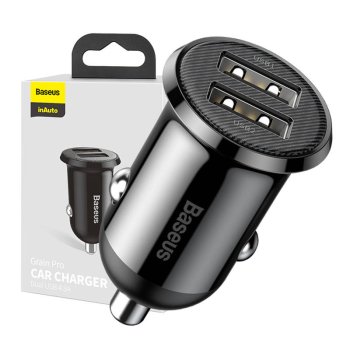 Baseus Grain Pro Car Charger 2x USB 4.8A, Black | Automašīnas Telefona Lādētājs, Uzlādes Ierīce