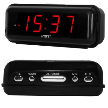 Tīkla elektroniskais LED modinātājs ar 24h formātu, melns