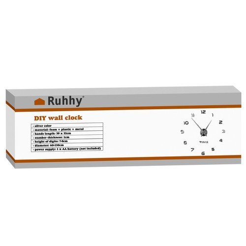 Liels DIY sienas pulkstenis ar 3D spoguļa efektu Ruhhy 22143, sudraba (0)