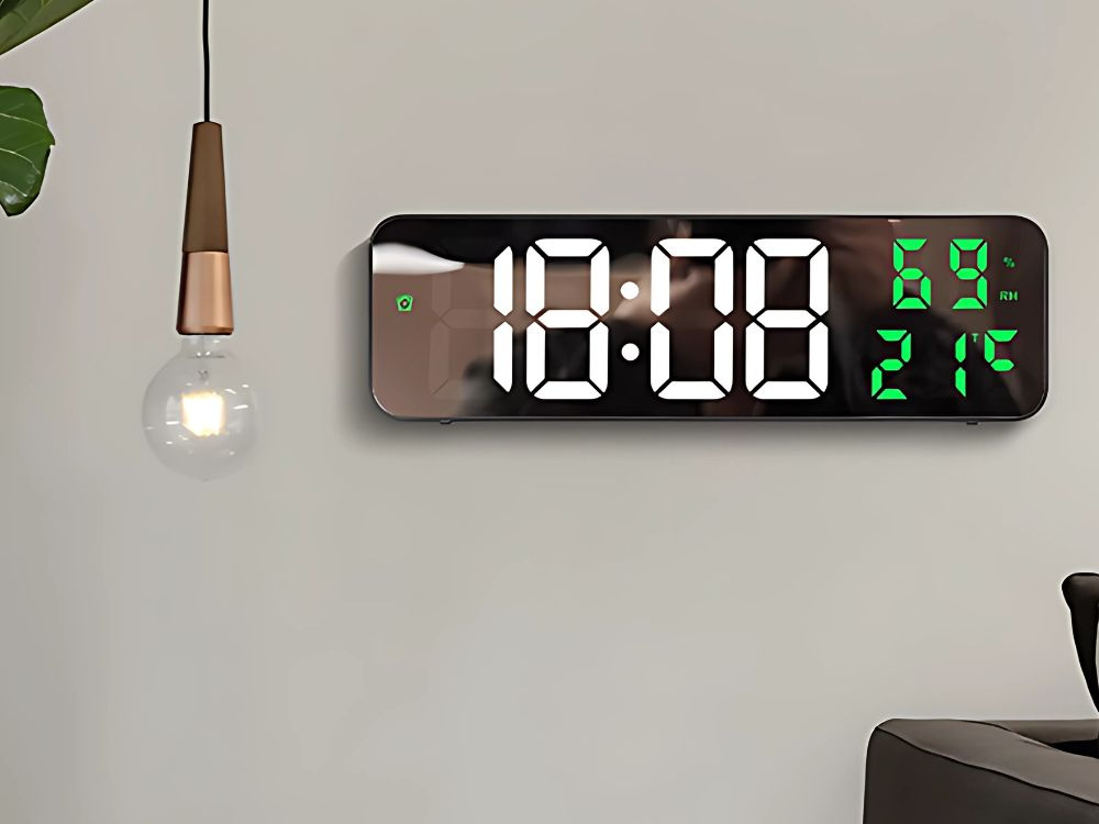 Digitālais LED modinātājs ar spoguli, termometru un mitruma sensoru, melns (1)