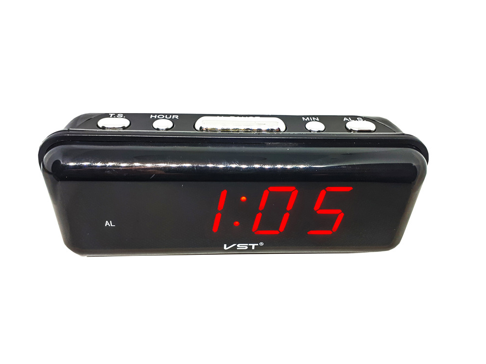 Tīkla elektroniskais LED modinātājs ar 24h formātu, melns (1)