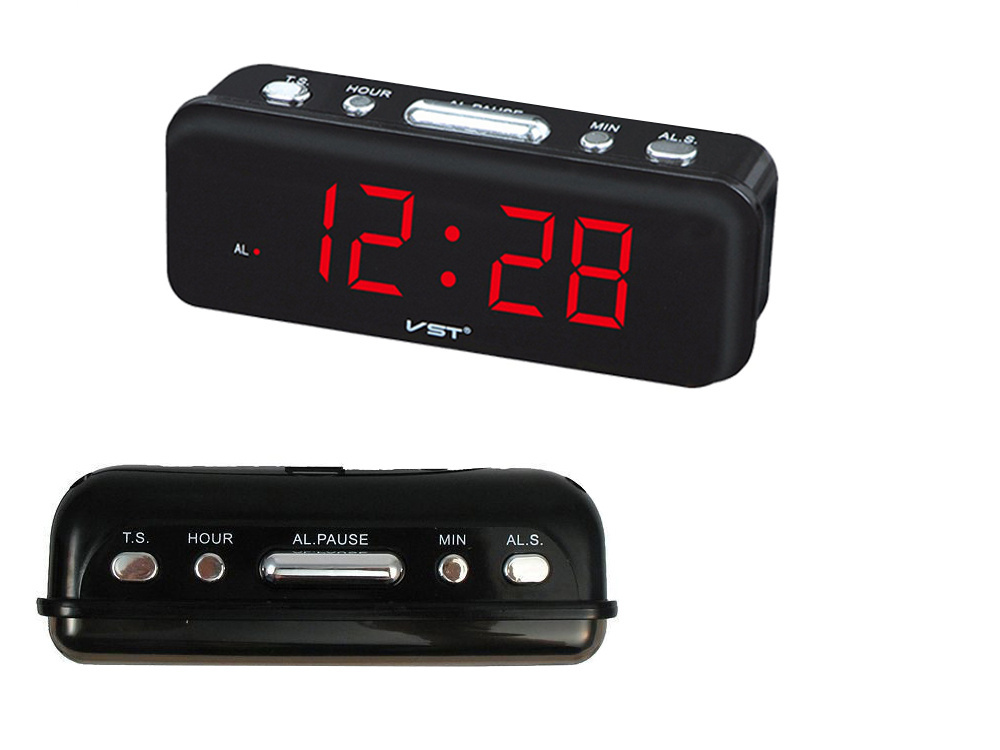 Tīkla elektroniskais LED modinātājs ar 24h formātu, melns (2)