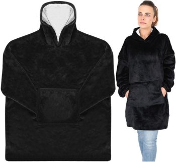 Silts hūdijs, džemperis-sega ar kapuci un kabatu, Universāls izmērs, Melns | Oversized Warm Hoodie Sweatshirt Blanket