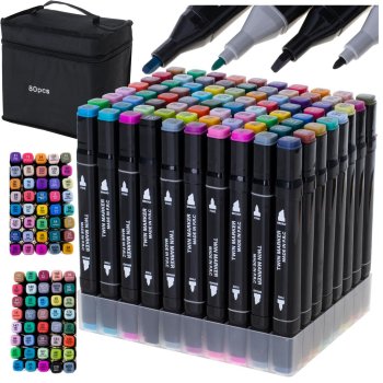 Divpusēji Marķieri Flomāsteri uz Spirta Bāzes Futrālī 80 gab. + Turētājs | Double-Sided Alcohol Markers