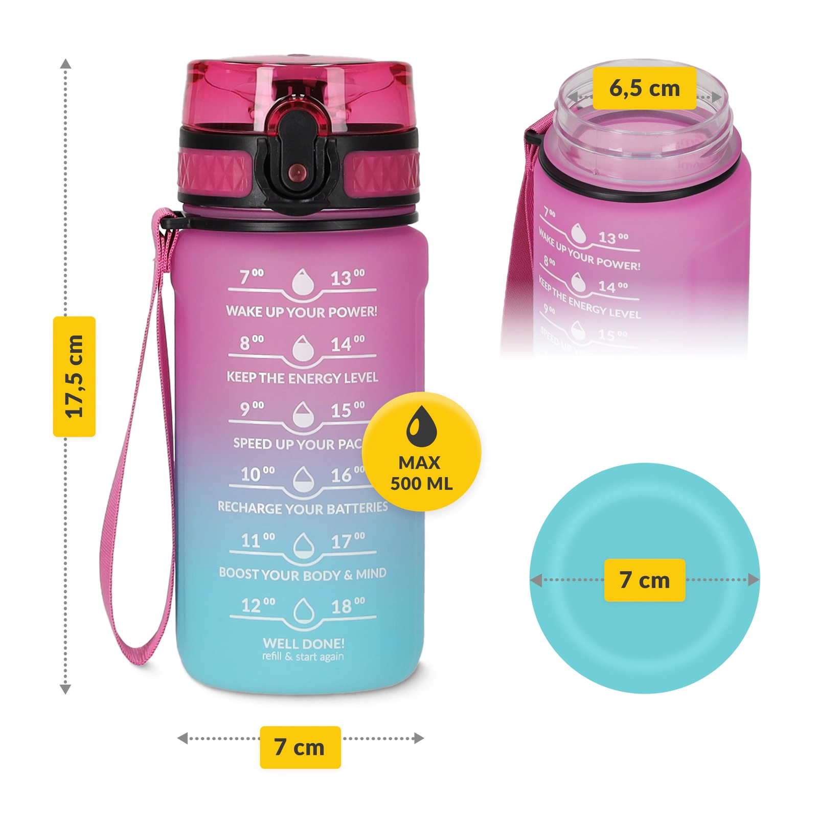 Motivējoša ūdens pudele 4FIZJO 500 ml, rozā-zila (2)