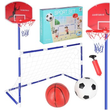 Bērnu sporta spēļu komplekts 2-in-1 futbola vārti un basketbola grozs ar bumbām