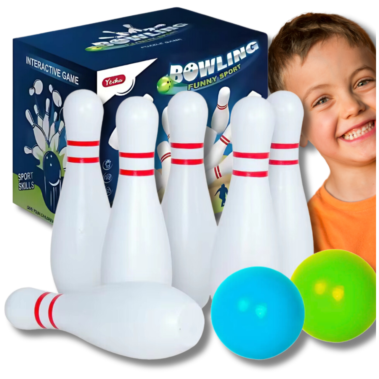 Sensorā ķegļu spēle bērniem, boulinga komplekts, balts