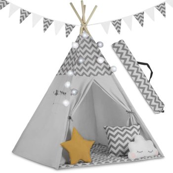 Telts Vigvams Spēļu Māja Bērniem ar Gaismas Virteni Nukido, Pelēka l Tepee Tent with Lights