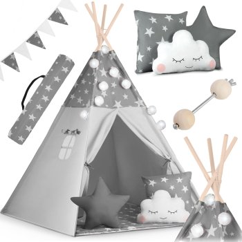 Bērnu telts ar gaismas virteni Nukido, Pelēka ar zvaigznēm | Tent Tipi for Children