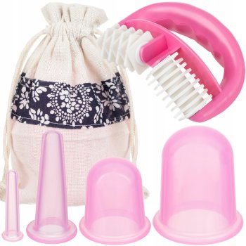 Vakuuma Masāžas Silikona Bankas Sejai un Ķermenim 4 gab. + Pretcelulīta Rokas Masāžas Rullis, Dažādas krāsas | Silicone Vacuum Suction Body Face Massage Cups Anti Cellulite Massage Roller