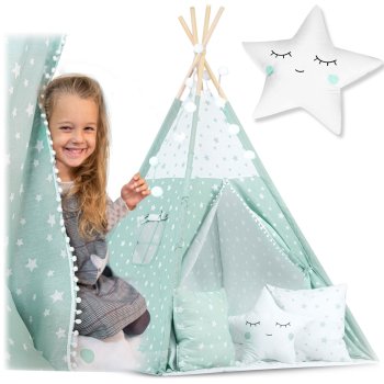 Bērnu telts tipi ar apgaismojumu - piparmētras krāsa, ar zvaigznēm | Tent Tipi for Children