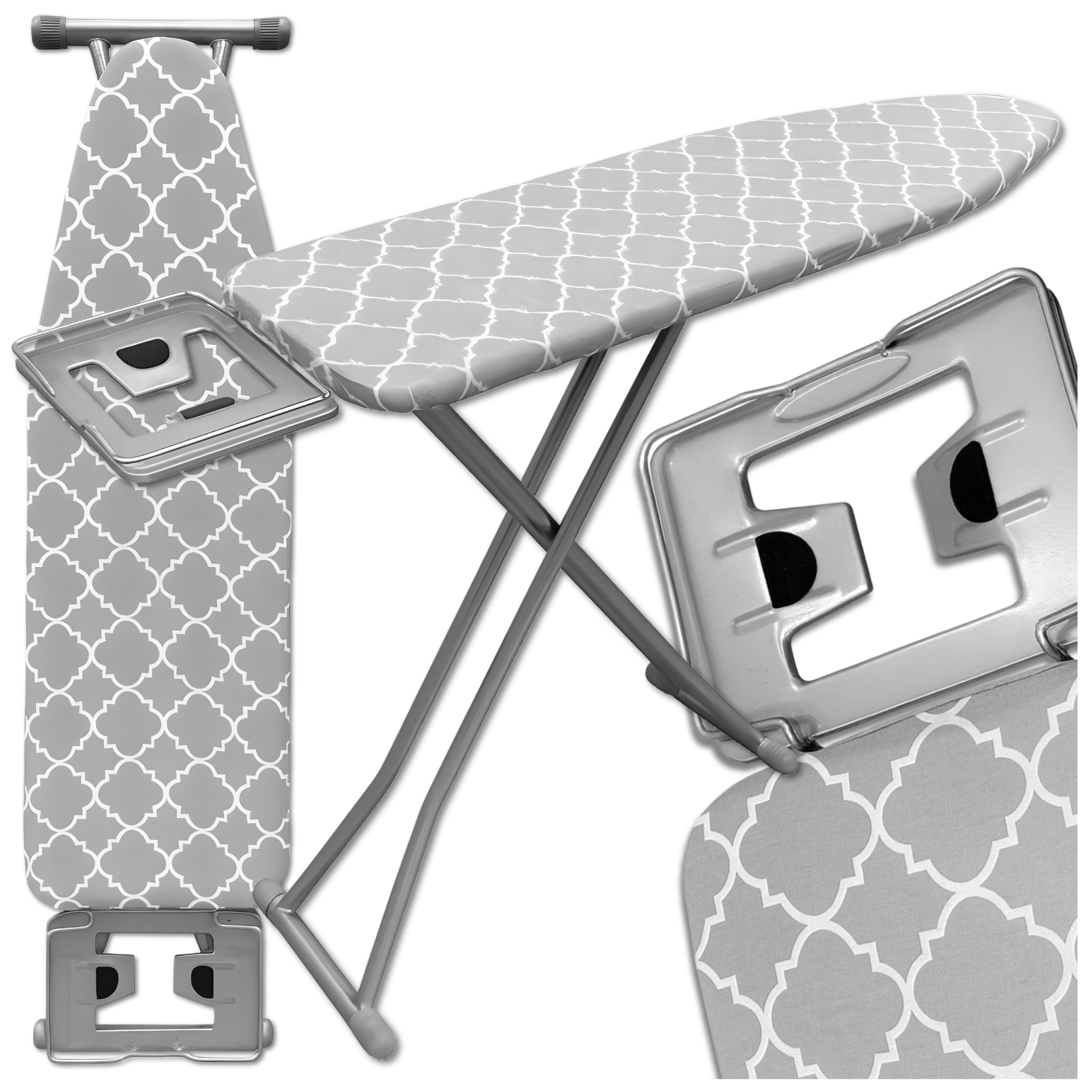 Premium gludināmais dēlis 130x34cm, regulējams 70-87cm, ar gludekļa plauktu, pelēks