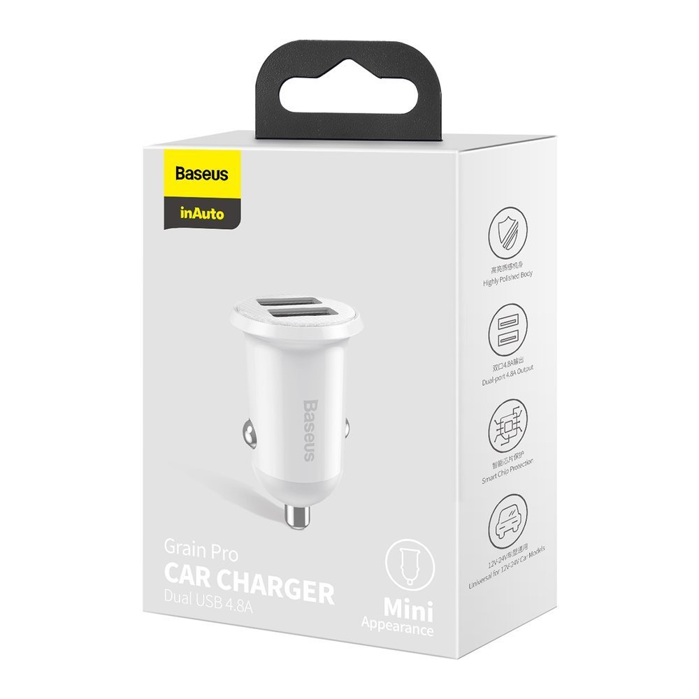 Baseus Grain Pro automašīnas lādētājs 2x USB 4.8 A balts (CCALLP-02) | Phone Car Charger (3)