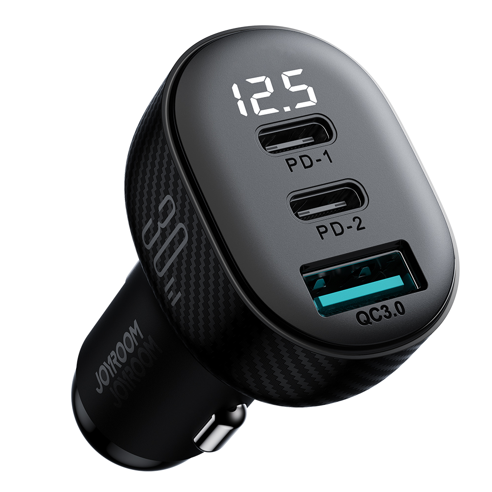 Joyroom JR-CCD04 30W 2x USB-C USB-A automašīnas lādētājs ar displeju - melns | Phone Car Charger (2)