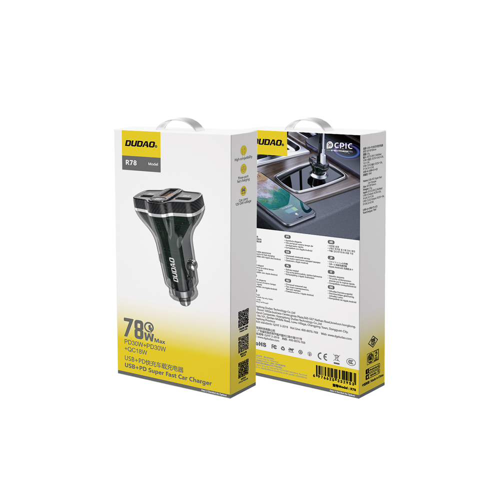 Dudao R78 78W automašīnas lādētājs USB-C PD / 2xUSB-A QC - melns | Phone Car Charger (0)