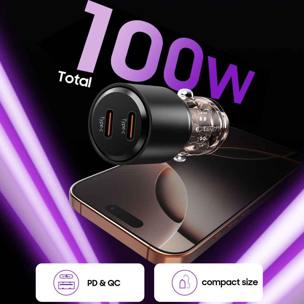 CC03 2-portu PD100W automašīnas lādētājs - melns | Phone Car Charger (2)
