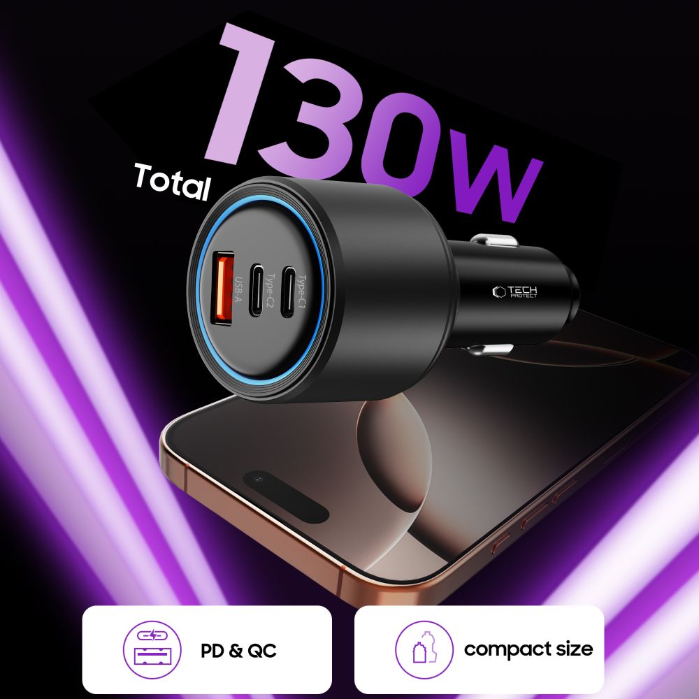 CC04 3-portu PD130W automašīnas lādētājs - melns | Phone Car Charger (2)