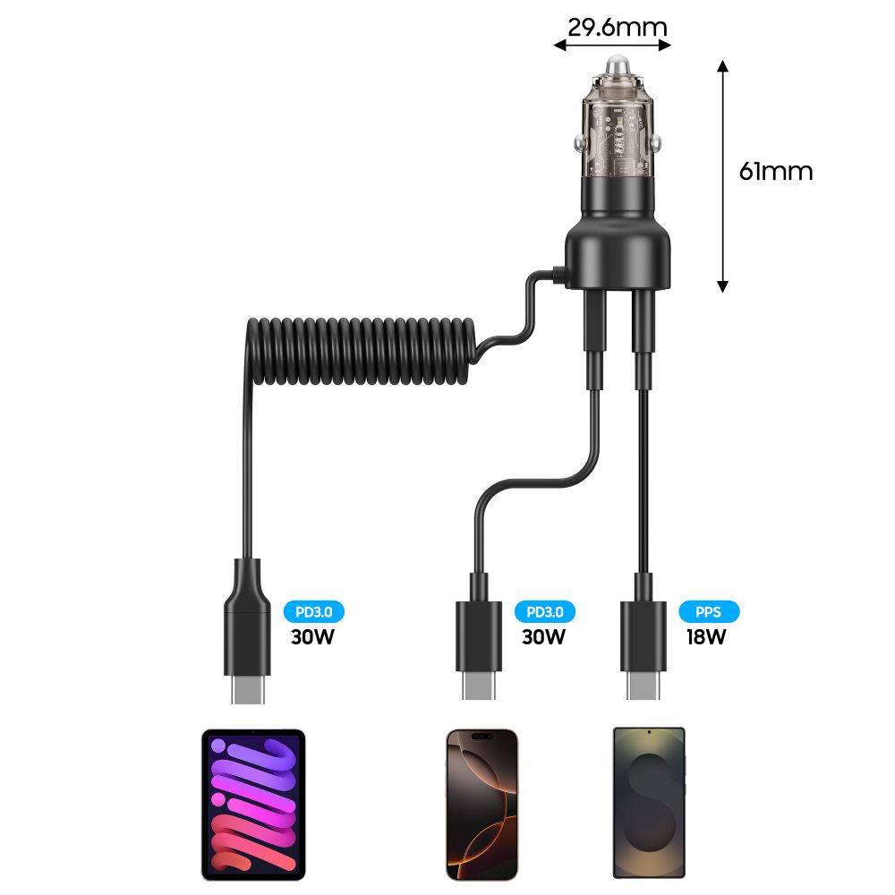 CC05 automašīnas lādētājs ar 2 portiem PD60 W + USB-C kabelis - Melns | Phone Car Charger (1)