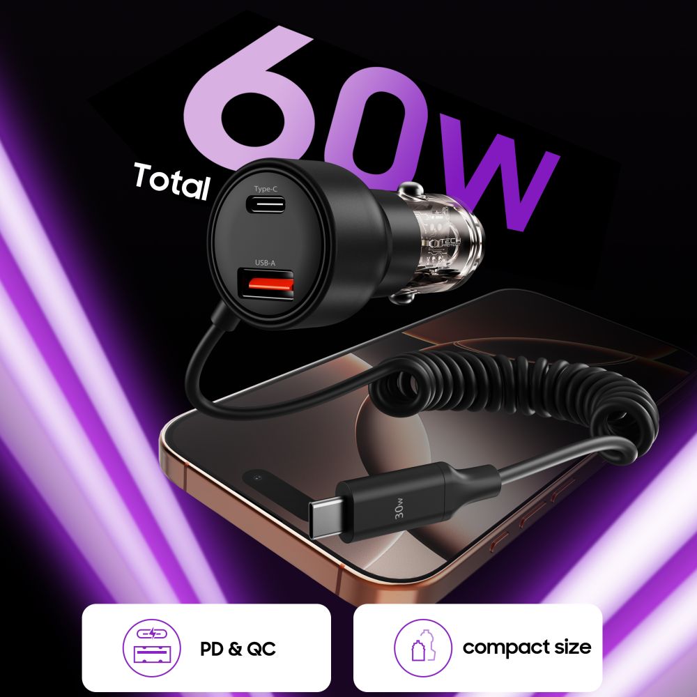 CC05 automašīnas lādētājs ar 2 portiem PD60 W + USB-C kabelis - Melns | Phone Car Charger (2)