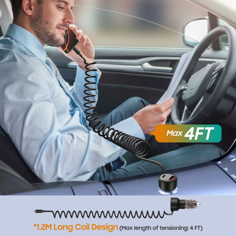 CC05 automašīnas lādētājs ar 2 portiem PD60 W + USB-C kabelis - Melns | Phone Car Charger (3)