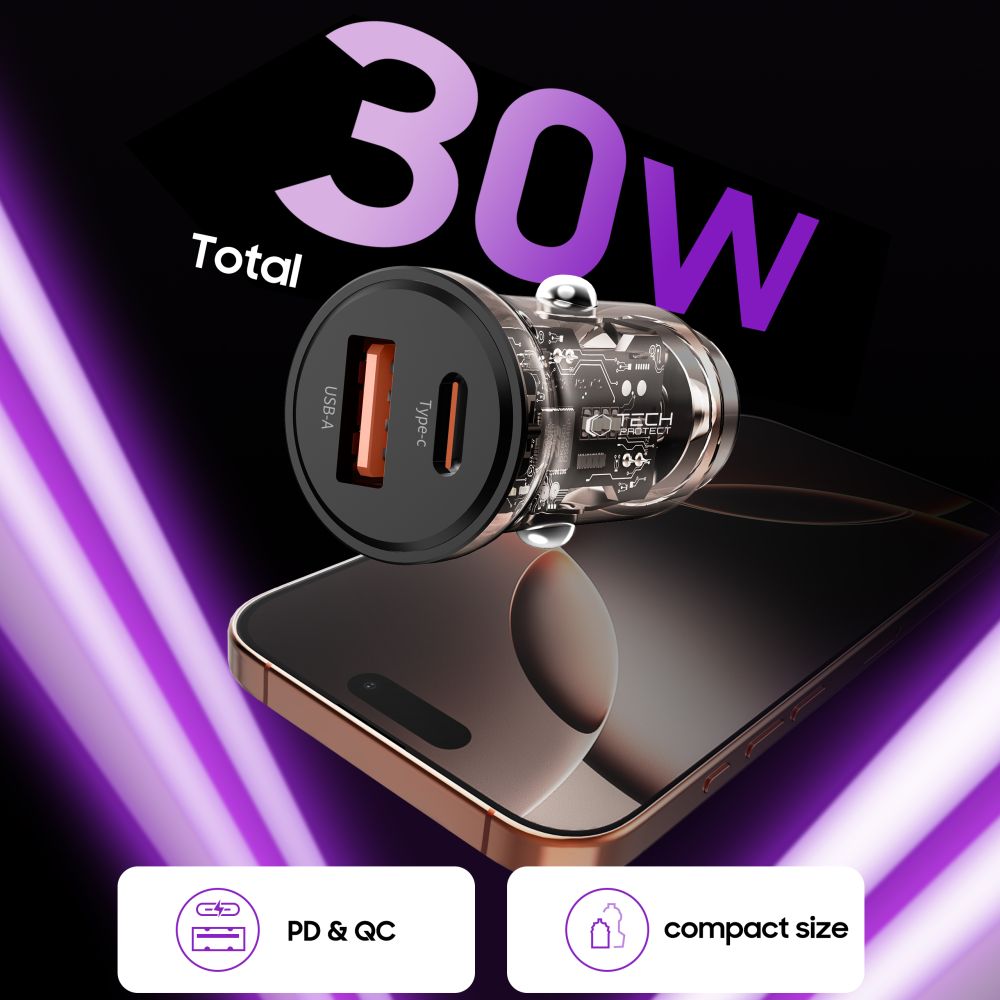 Tech-Protect CC01 30W 2-portu USB-A / USB-C automašīnas lādētājs - melns | Phone Car Charger (2)