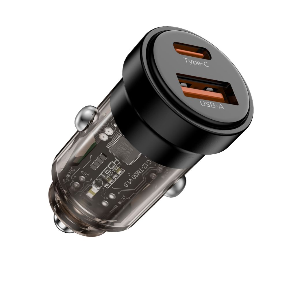 Tech-Protect CC03 30W 2-portu USB-A / USB-C automašīnas lādētājs - melns | Phone Car Charger (0)