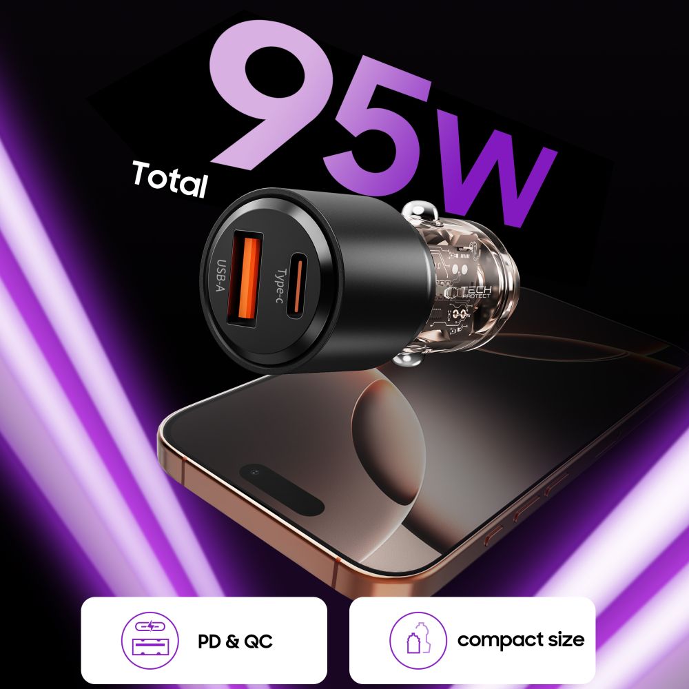 Tech-Protect CC03 95W 2-portu USB-A / USB-C automašīnas lādētājs – melns | Phone Car Charger (2)