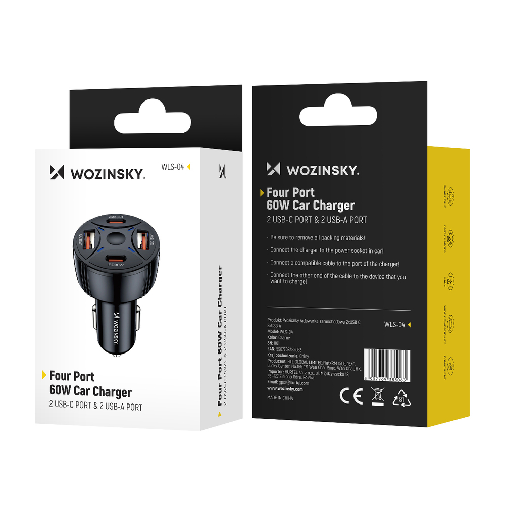 Wozinsky WLS-04 auto lādētājs 2xUSB-C 2xUSB-A - melns | Phone Car Charger (2)