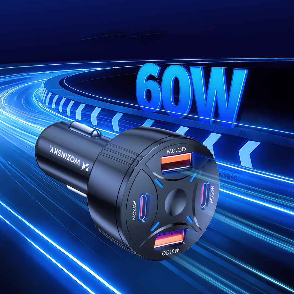 Wozinsky WLS-04 auto lādētājs 2xUSB-C 2xUSB-A - melns | Phone Car Charger (3)