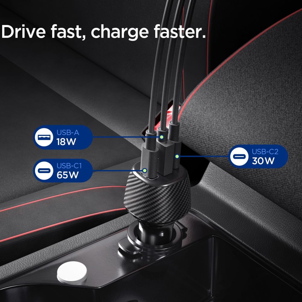 Spigen Essential EV1133 3-portu auto lādētājs – melns | Phone Car Charger (1)