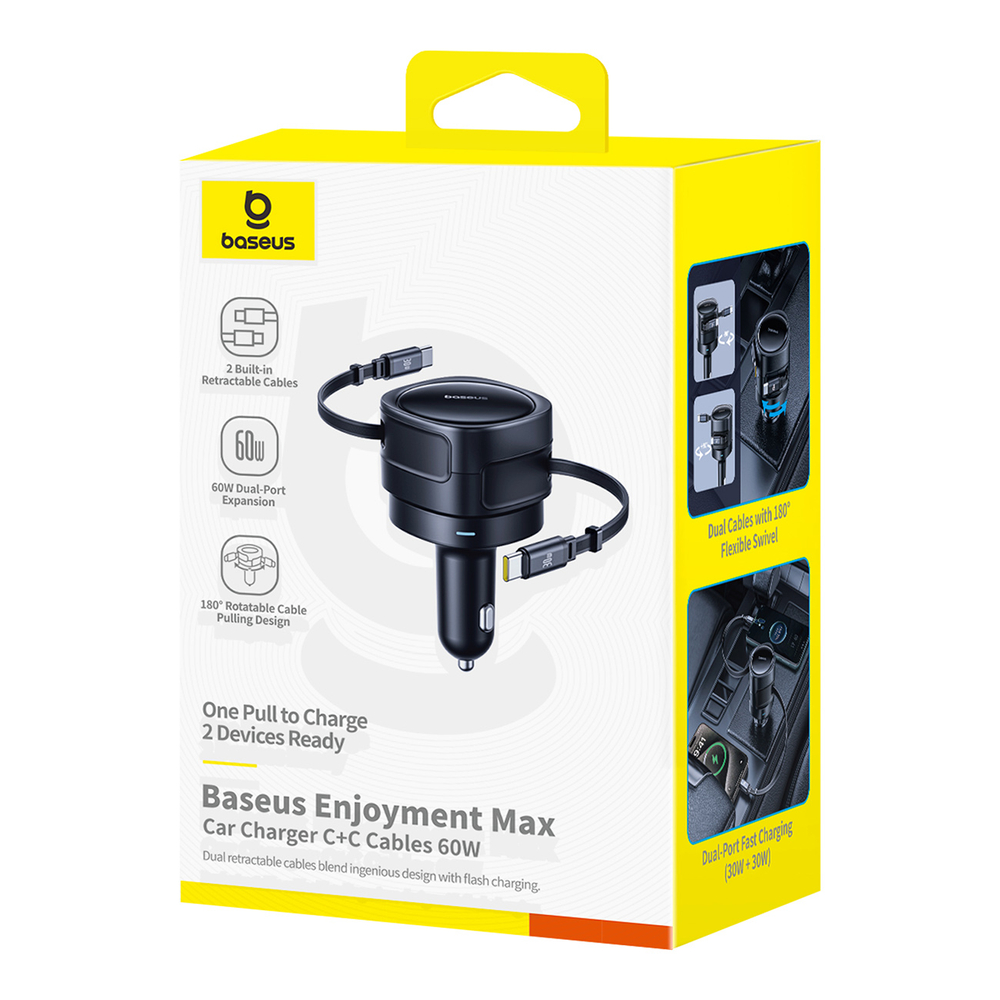 Auto Lādētājs Baseus Enjoyment Max 60W ar 2x Izvelkamiem USB-C Vadiem - Melns | Phone Car Charger (2)