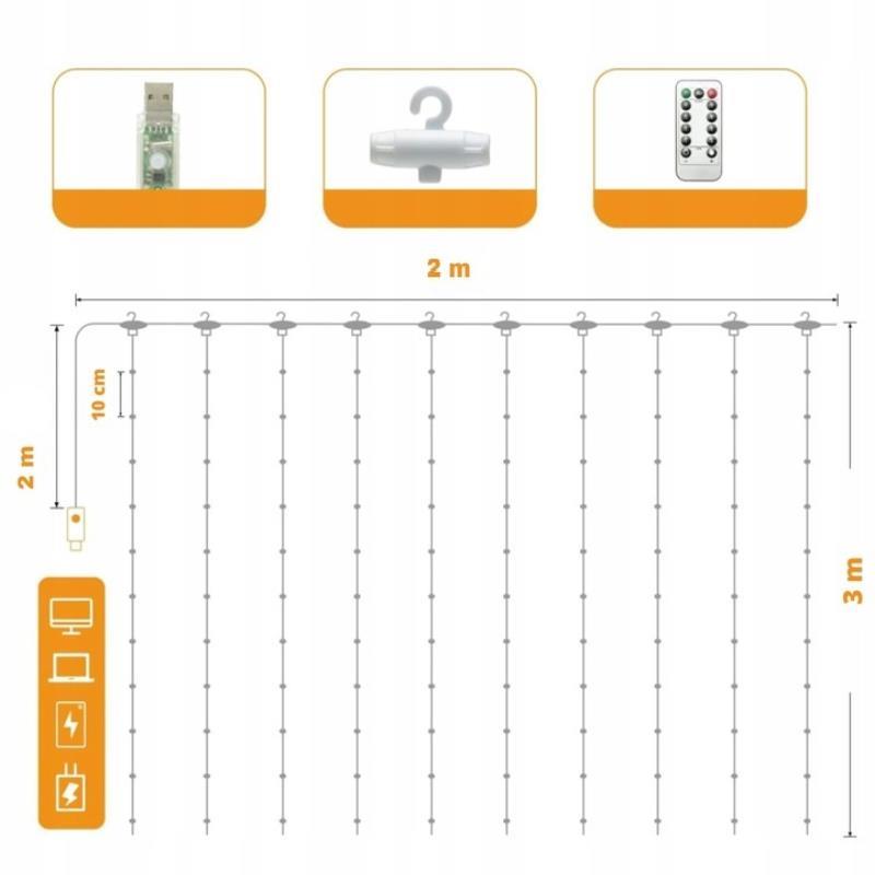 LED gaismas aizkars 100 LED 3x1m Telcon iekštelpām un āram, silti balts (0)