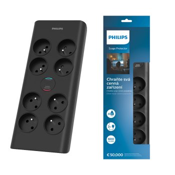 Pagarinātājs ar pārsprieguma aizsardzību Philips 8 ligzdas 2m 16A, melns