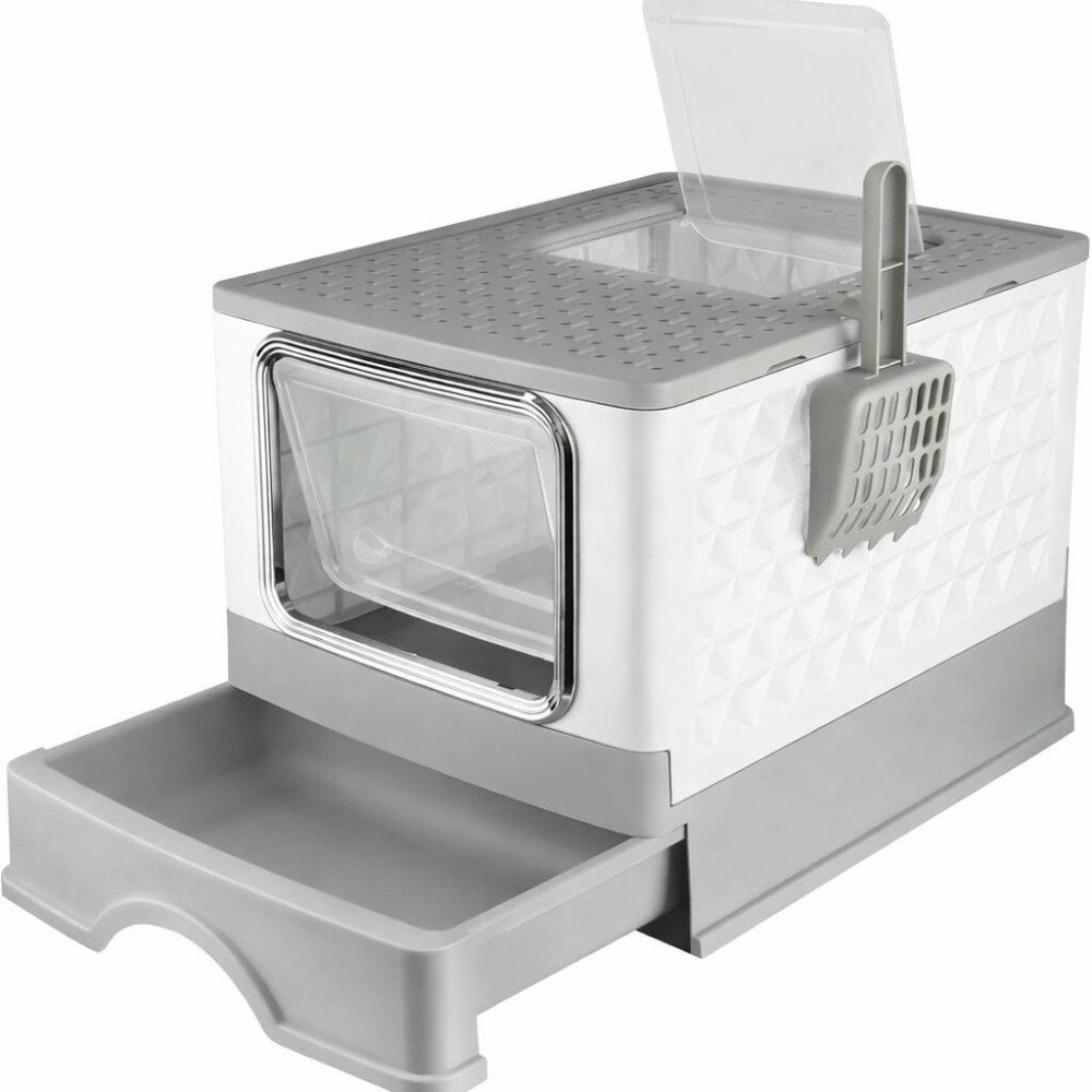 Slēgtā kaķu tualete ar izvelkamu atvilktni un divām ieejām, pelēka balta (1)