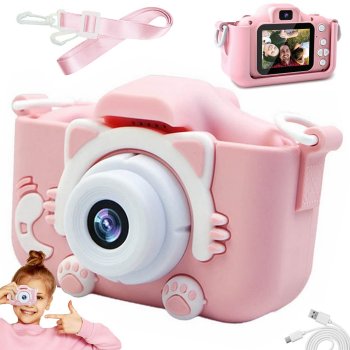 Bērnu Mini Fotoaparāts Digitālā Kamera ar Spēlēm Kaķis, 1080P, Rozā | Children HD Digital Camera