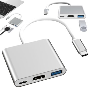 3 vienā USB-C adapteris ar HDMI 4K un USB 3.0, balts un sudrabains